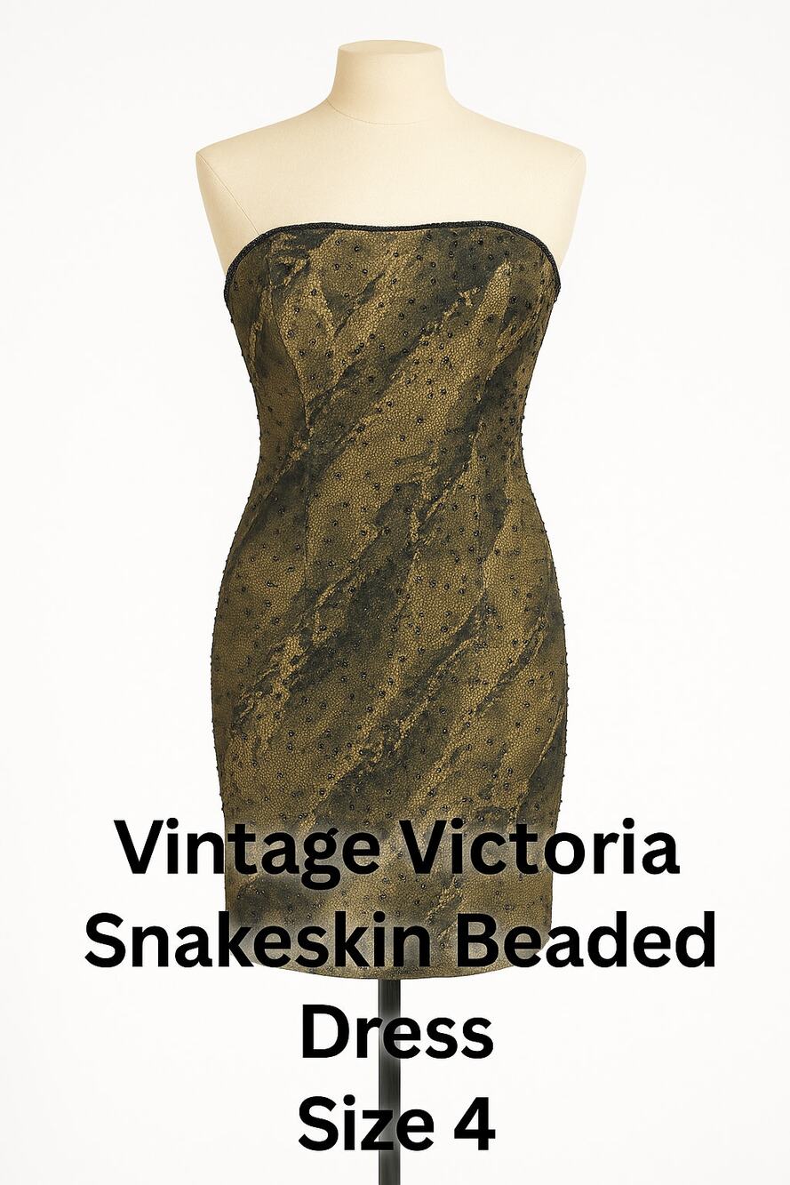 Vintage Victoria Beaded Snakeskin Strapless Olive Dress 90s Size 4